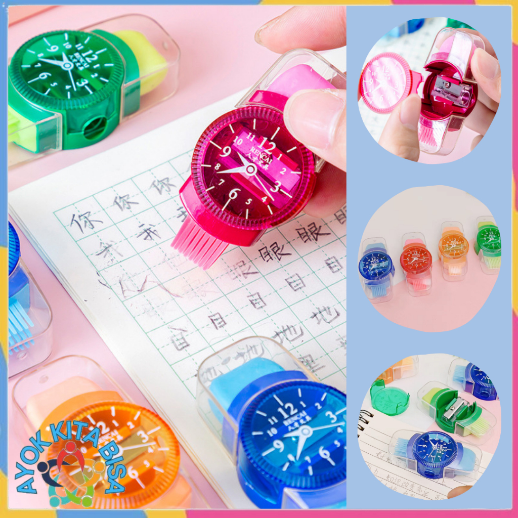 

AKB Rautan Pensil Manual dengan Penghapus dan Sikat Pembersih Model Jam Tangan Multifungsi Serutan Pensil Mekanis 3in1 Warna-Warni untuk Perlengkapan Sekolah Anak-anak