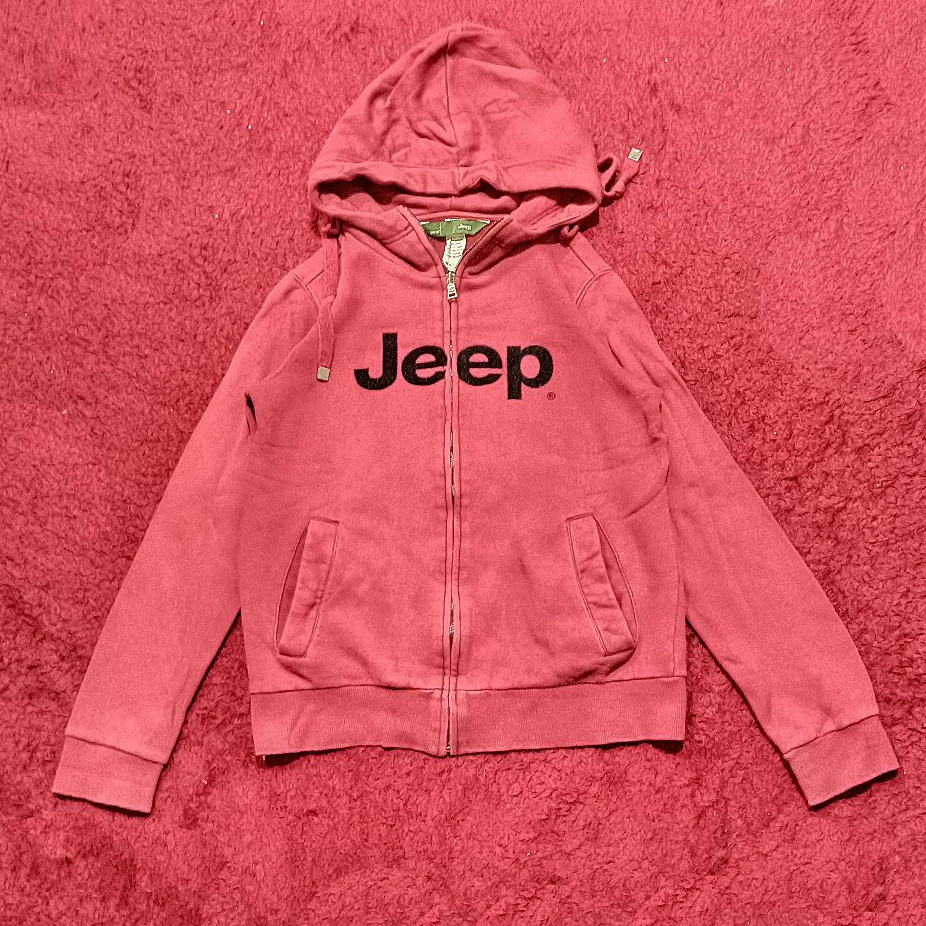 Hoodie Zip Jeep Warna merah tulisan velvet Size S ke M