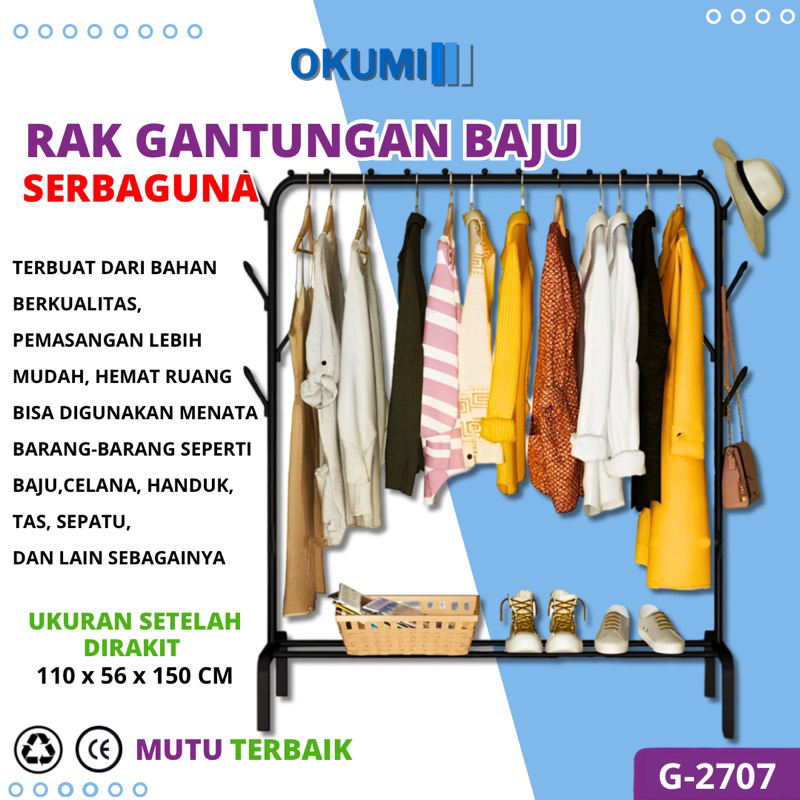 OKUMI Gantungan Baju Stand Hanger Display Butik Toko Jualan Aesthetic Gawang Single Rack Berdiri Bes