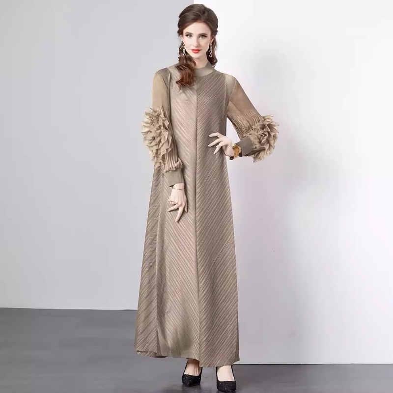 Dress Gaun Wanita Panjang Elegant Pleated Plisket Loose Flower IMPORT