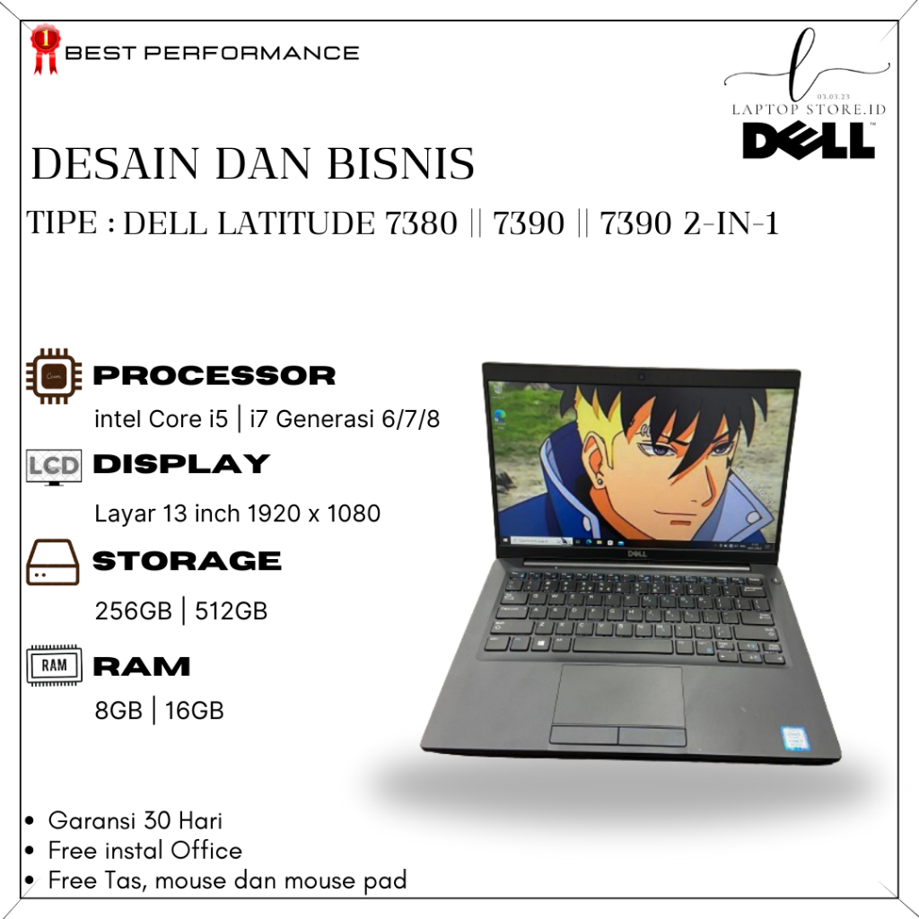 Dell latitude 7380 7390 intel core i7 Generasi 7/8 | RAM 16GB | Original | Second | Bergaransi