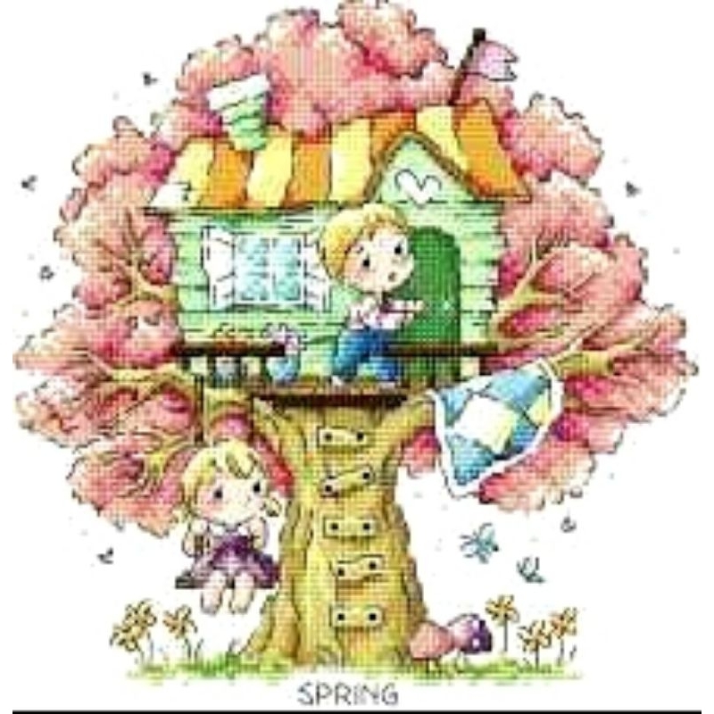 DIY paket kristik kartun anak tree house spring rumah pohon bunga sakura berbunga cross stitch soda 