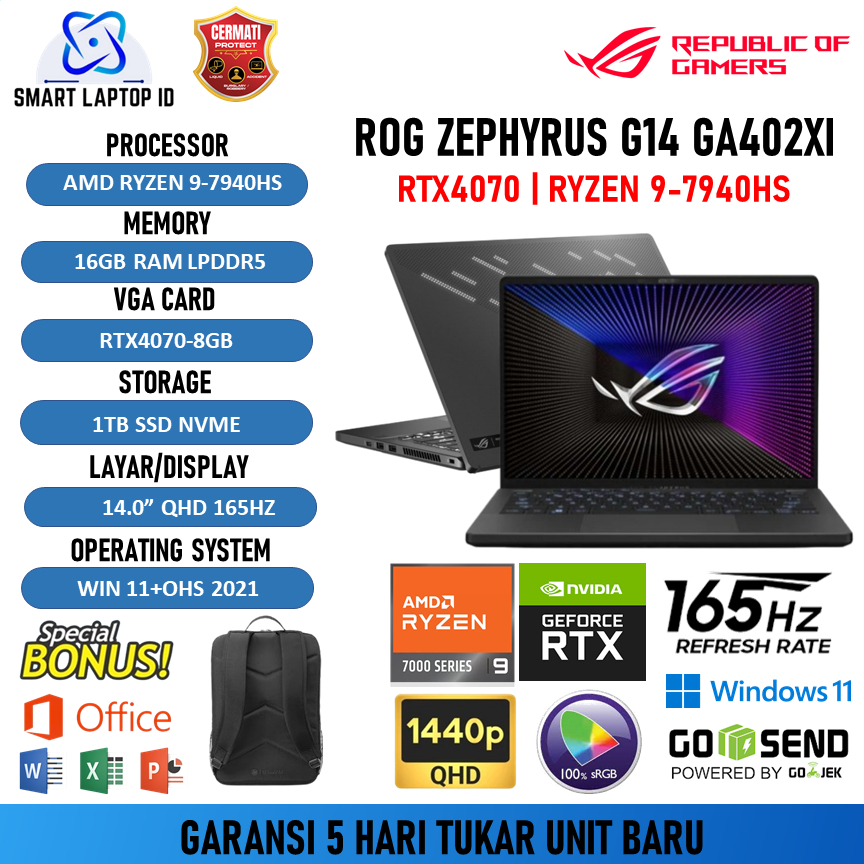 Laptop Baru Asus Rog Zephyrus G14 GA402XI Ryzen 9 7940 RTX4070 8GB/ Ram 32GB 1TB Windows11 14.0Qhd Ips