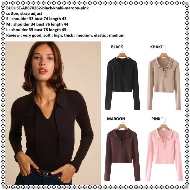 AB870282 Baju Atasan Blouse Kemeja Lengan Panjang Wanita Korea Import Hitam Pink Merah Maroon Red Bl
