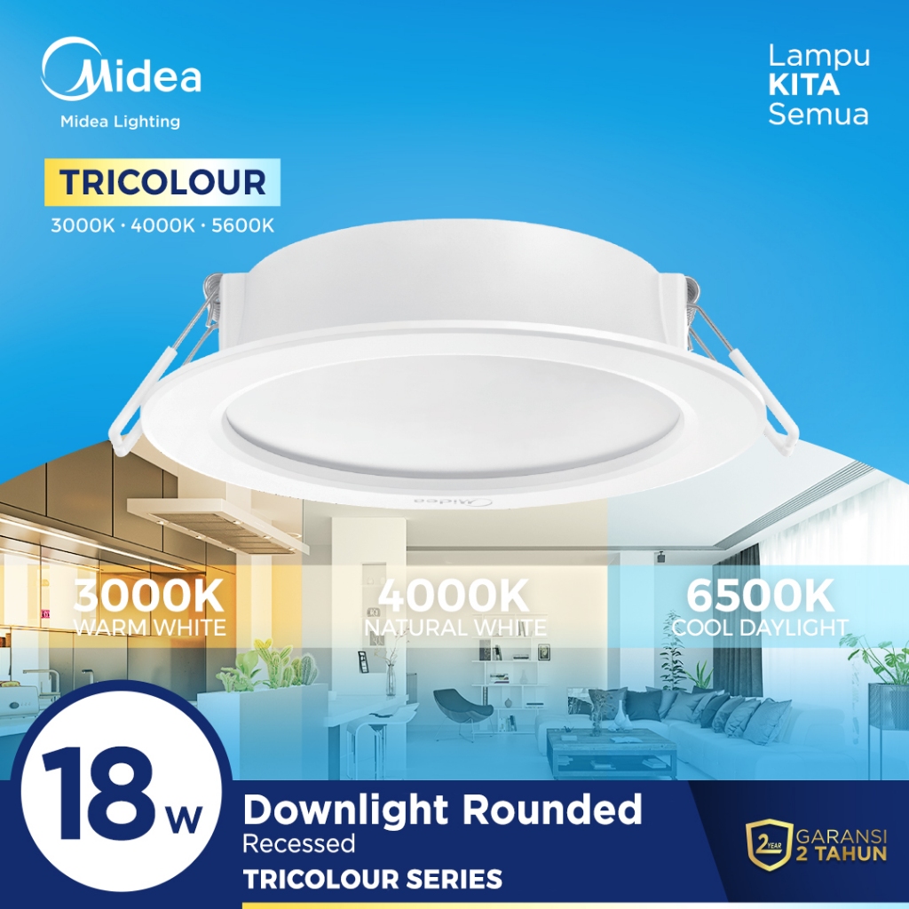 Midea Lighting - Lampu LED Downlight 18 Watt Tricolor - Kuning - Natural - White