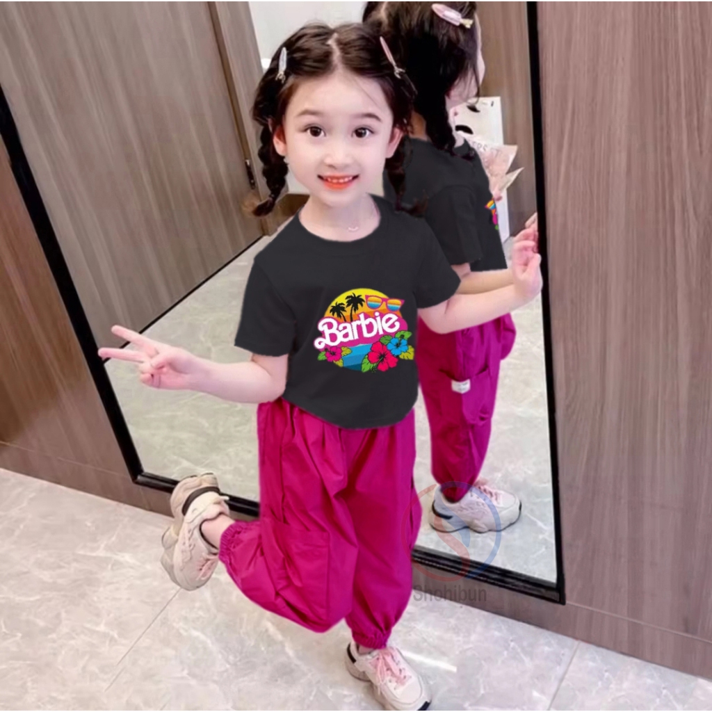 Setelan Kaos Pantai Celana Kargo Anak Perempuan Warna Kombinasi