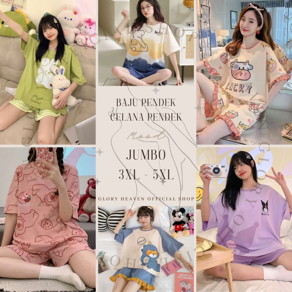 Glory Baju Tidur Wanita Lengan Pendek Celana Pendek 3XL 5XL | Pajama Import Set Wanita | HP JUMBO