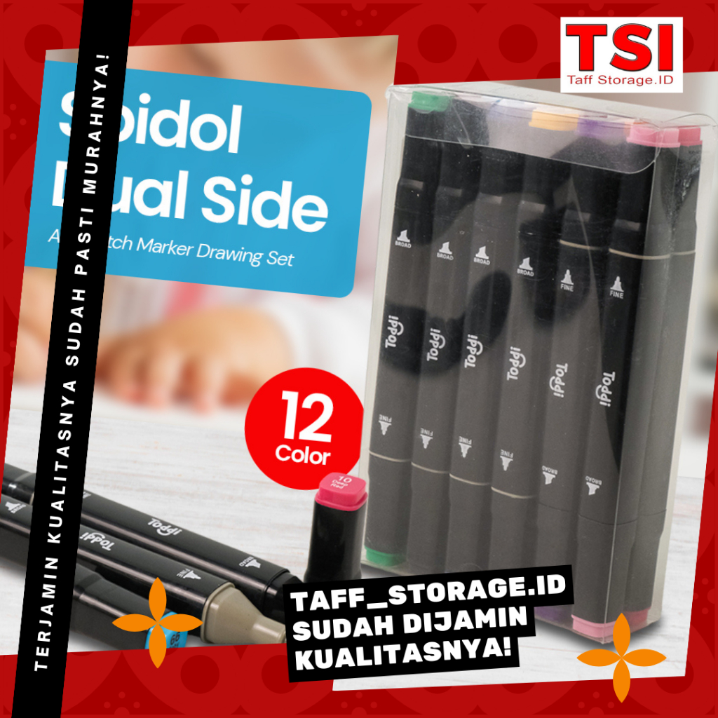 

[Taff Storage.ID] Toddi Spidol Dual Side Art Sketch Marker Drawing Set 12 Color - T12 - Multi-Color