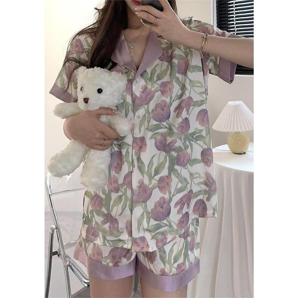 QHST Piyama Wanita Set Satin Bunga Tulp Pola Wanita Import | Pajamas Wanita | Baju Tidur Wanita Dewa