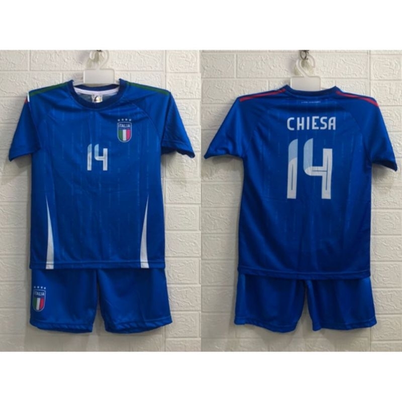 Jersey bola anak Italia home 24/25 Chiesa Euro 2024 setelan baju bola anak full printing