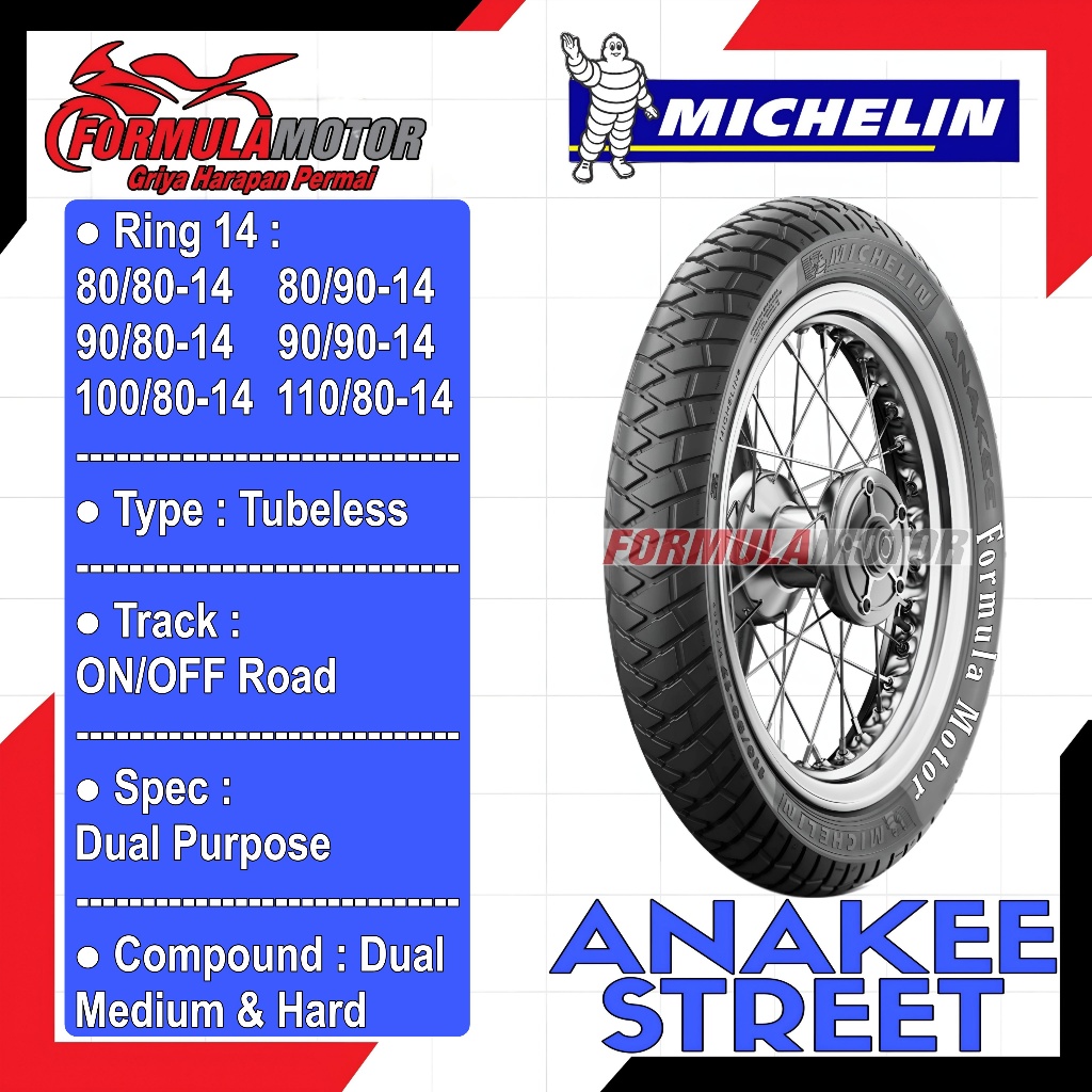 Michelin Anakee Street Ring 14 Tubeless All Size (Dual Purpose) Ban Motor Matic Tubles Super Premium