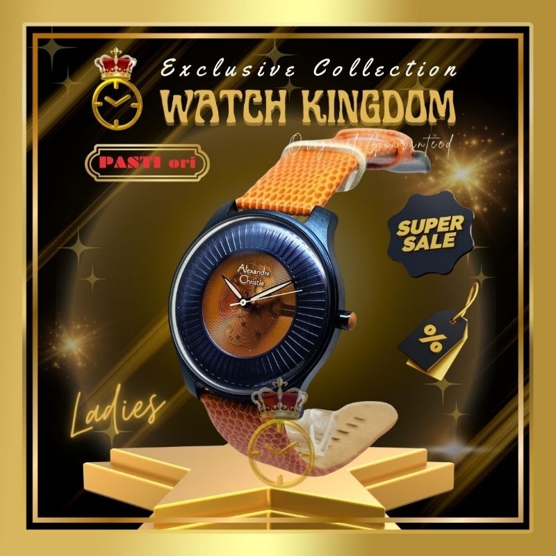 Jam Tangan Alexandre Christie Wanita Tali Kulit Orange Aesthetic Modis Gaul Keren Fasion Anti Air An
