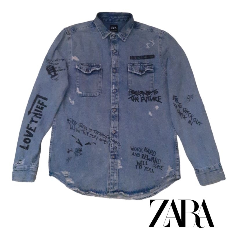 Kemeja Denim Zara AOP Ripped Second