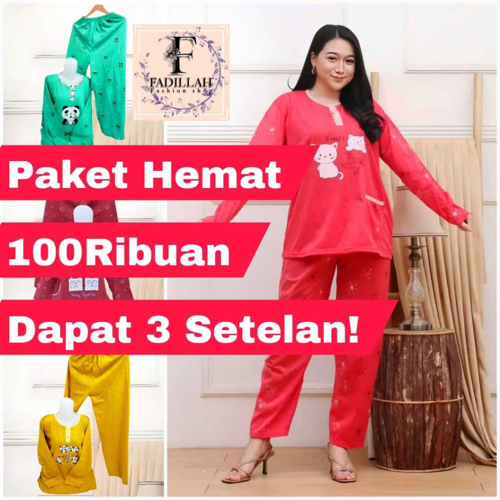 Paket Hemat 100 Ribu Dapat 3 Setelan Baju Tidur Piyama PP Wanita Dewasa Motif Terbaru 2024 Grosir