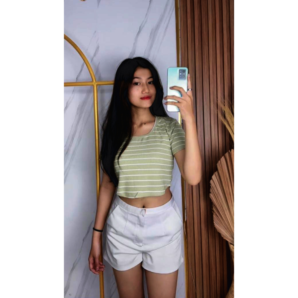 23804 KAOS CROP TEE SALUR PAKAIAN WANITA CROP TOP ATASAN CEWEK ABG REMAJA DEWASA ALA KOREA STYLE KOR