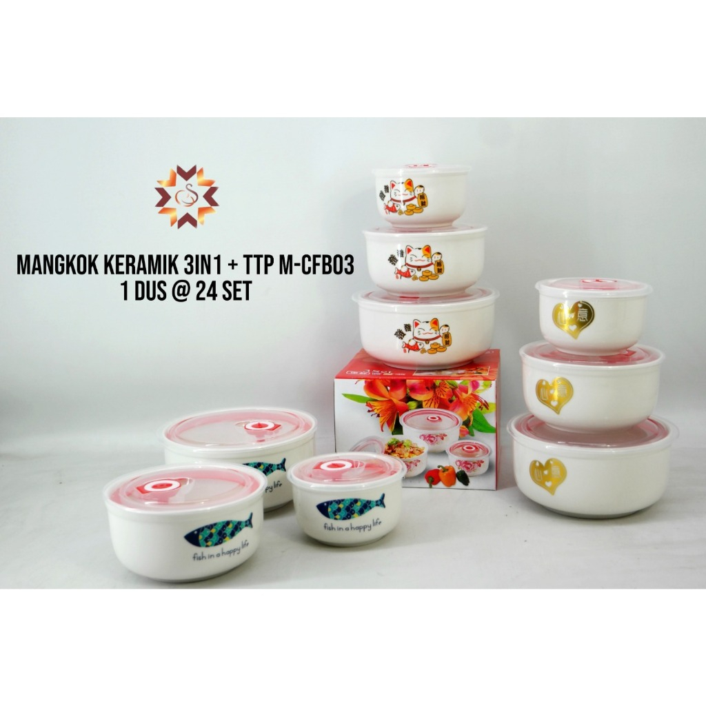 Mangkok Keramik Susun Tutup Anti-Bocor/ Mangkok Keramik 3IN 1 + Tutup/ Mangkok Set Souvenir