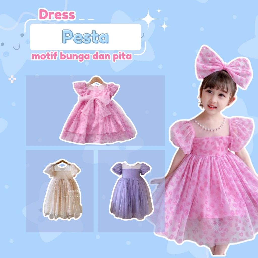 Hompimpa1-9 Tahun Pakaian Anak Perempuan Gaun Pesta Gaun Putri Gaun Cetak Pemimpin Mutiara Pesta Ula