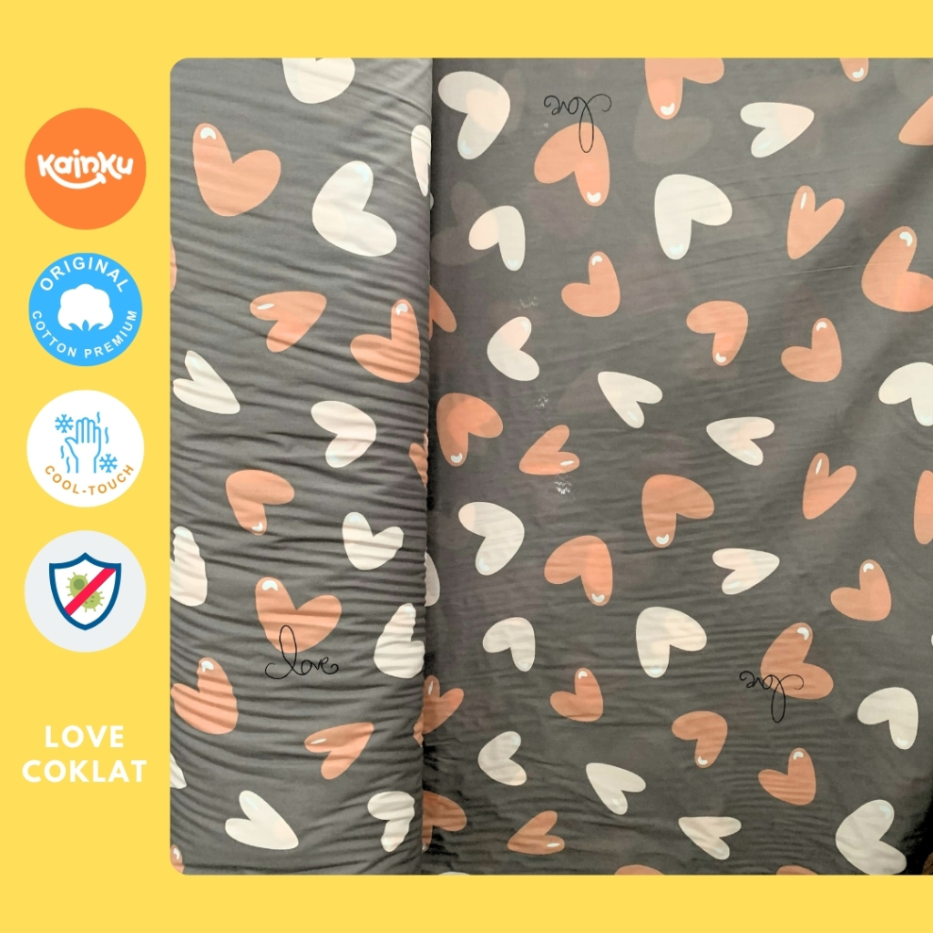 KAINKU - Kain Meteran Katun Lokal CVC motif LOVE COKLAT & LOVE PINK (harga 1 meter)