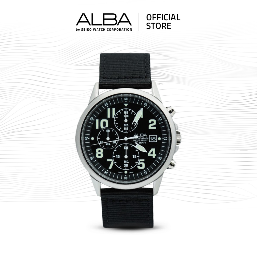 Alba Jam Tangan Pria Pilot Chronograph AM3853 / AM3853X1 Quartz Black Dial Nylon Strap Watch