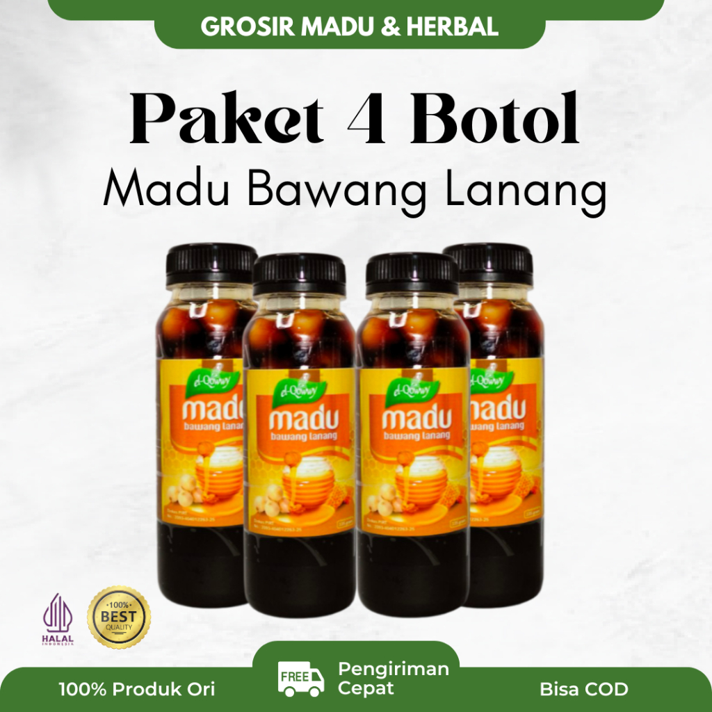 MADU BAWANG LANANG ELQOWWY 335gram Paket 4 Botol - Turunkan Kolesterol Darah Tinggi - Bawang Putih T