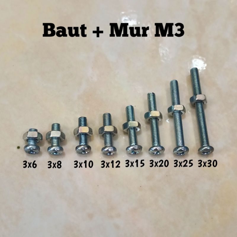 (10pcs ) Baut + Mur M3 Baut 3mm