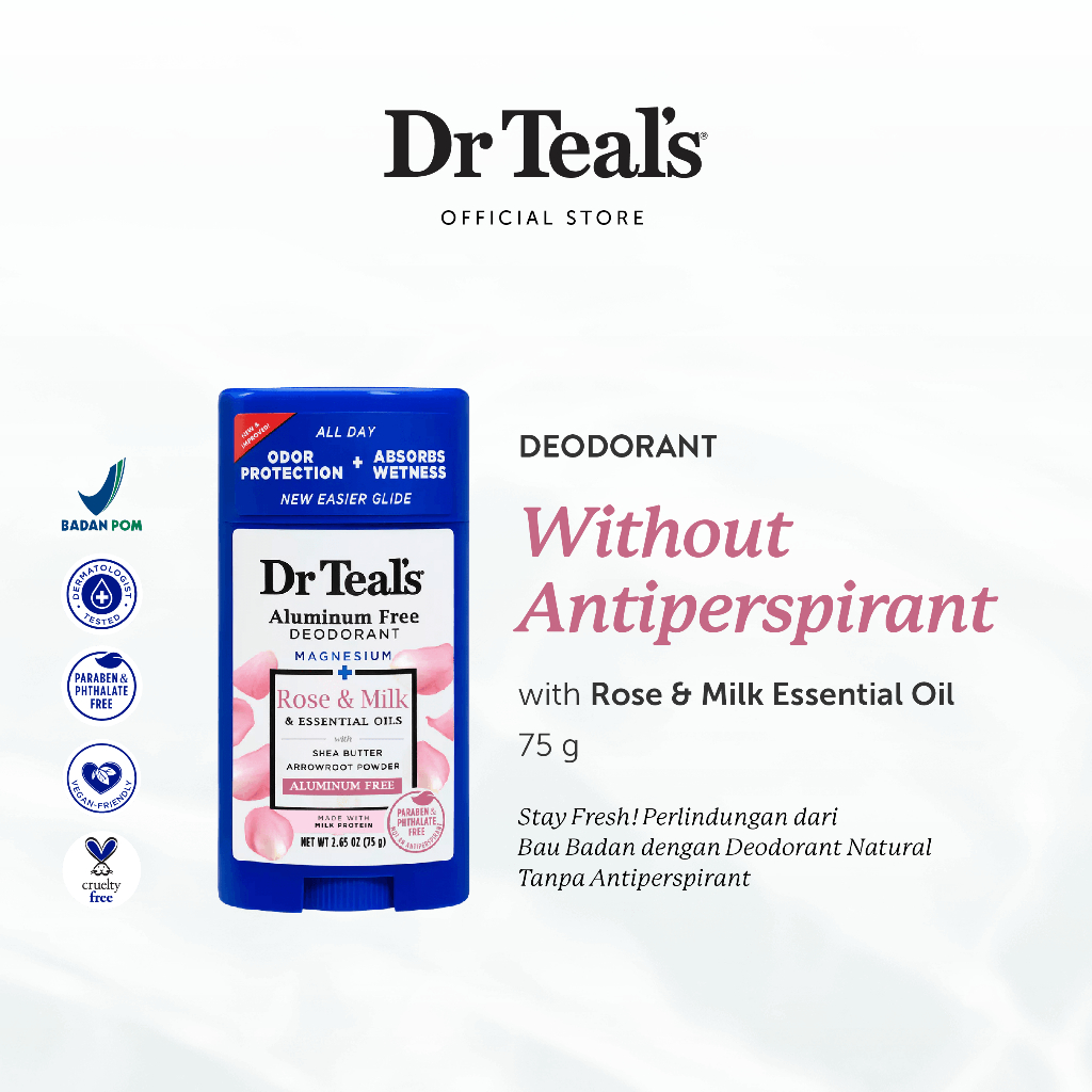 Dr Teal's Deodorant Magnesium/Deodoran Tanpa Antiperspirant - Rose Essential Oil & Shea Butter 75 ML