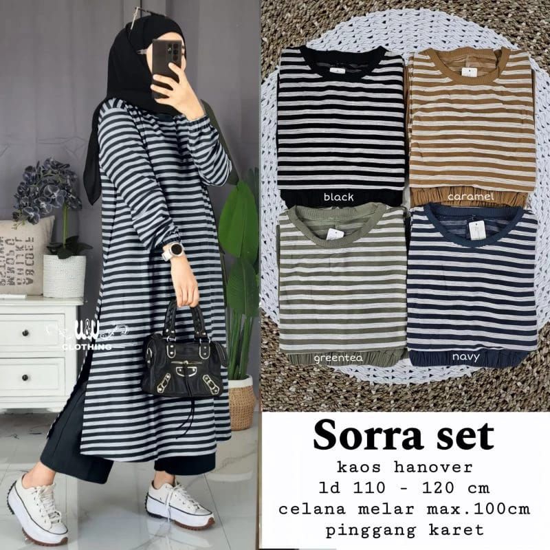 Setelan Tunik dan kulot wanita terbaru Sorra set bahan kaos Hanover Ld110-120cm celana pinggang kare