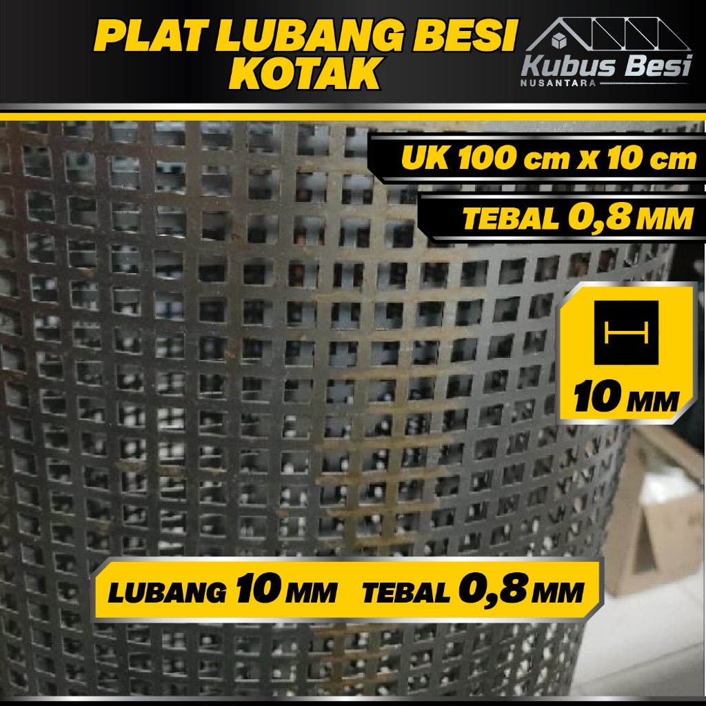100x10 cm - Plat Lubang KOTAK 10 mm - Tebal 0,8 mm. Ram Gril/Plat Lubang Besi Perforasi