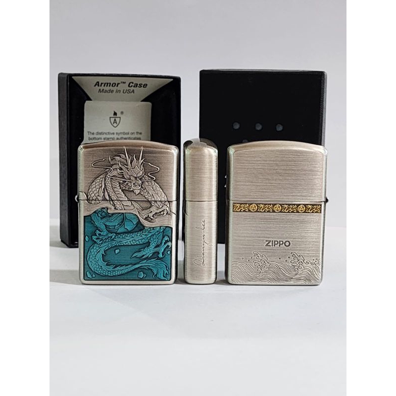 Original Zippo Armor Silver and Blue Dragon 3 sisi Japan Finish