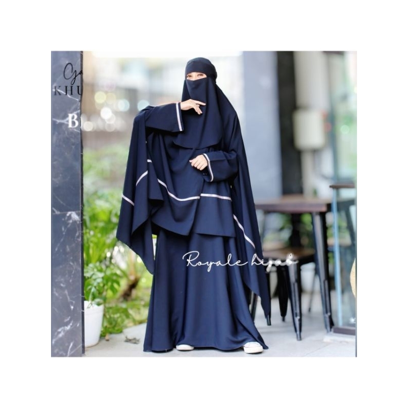 Gamis Syari Set Khimar Lengan Bolong Set Cadar Niqob Bandana Khimar List Putih/Gamis Syari set Hijab