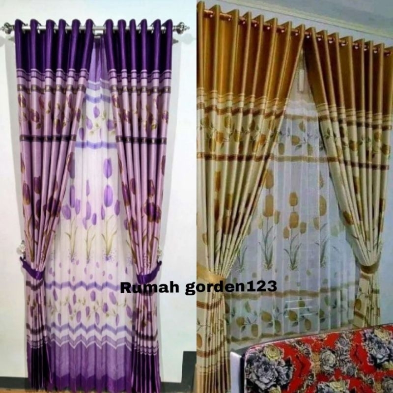 Gorden blackout import motif bunga tulip varian warna ungu hijau abu coklat muda