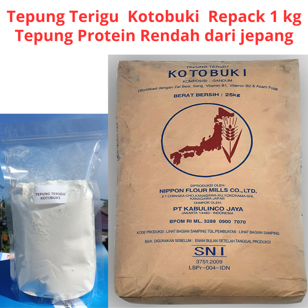 

Tepung Terigu Kotobuki Repack 1 kg Tepung Protein rendah cocok untuk kue kering yang renyah Kandungan protein 8-9%