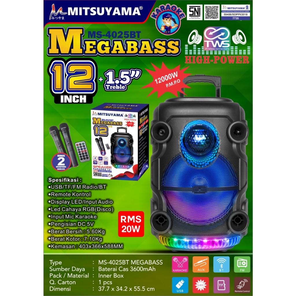 Speaker Bluetooth Portable Mitsuyama 12Inch MS-4025BT Megabass