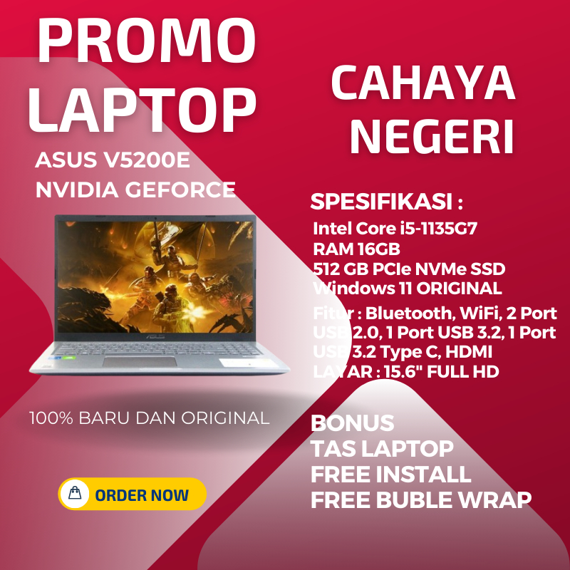 PROMO LAPTOP ASUS V5200E Intel CORE i5 Gen 11 RAM 16GB SSD 512GB VGA NVIDIA GEFORCE MX350 LAYAR FULL