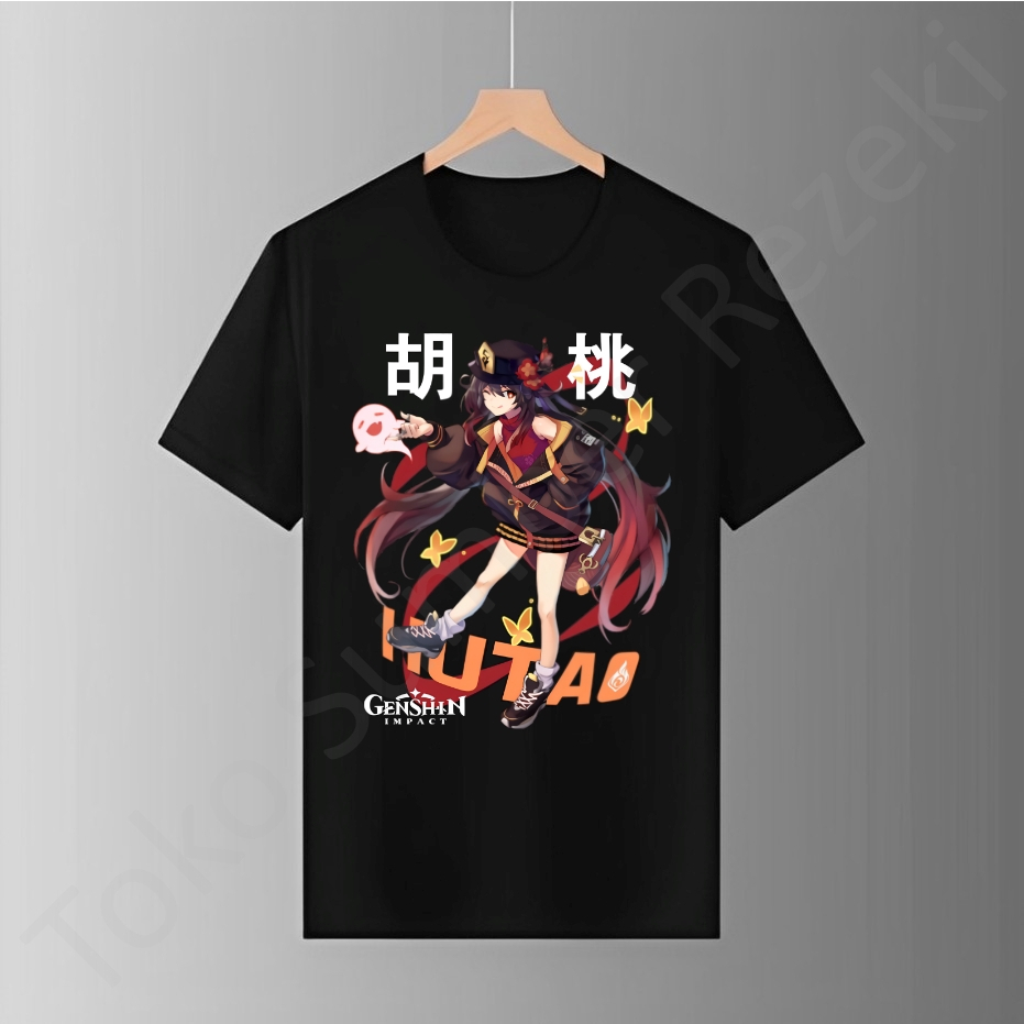Baju Kaos Oblong Pendek Black TShirt Hitam Hutao Genshin Impact Hu Tao