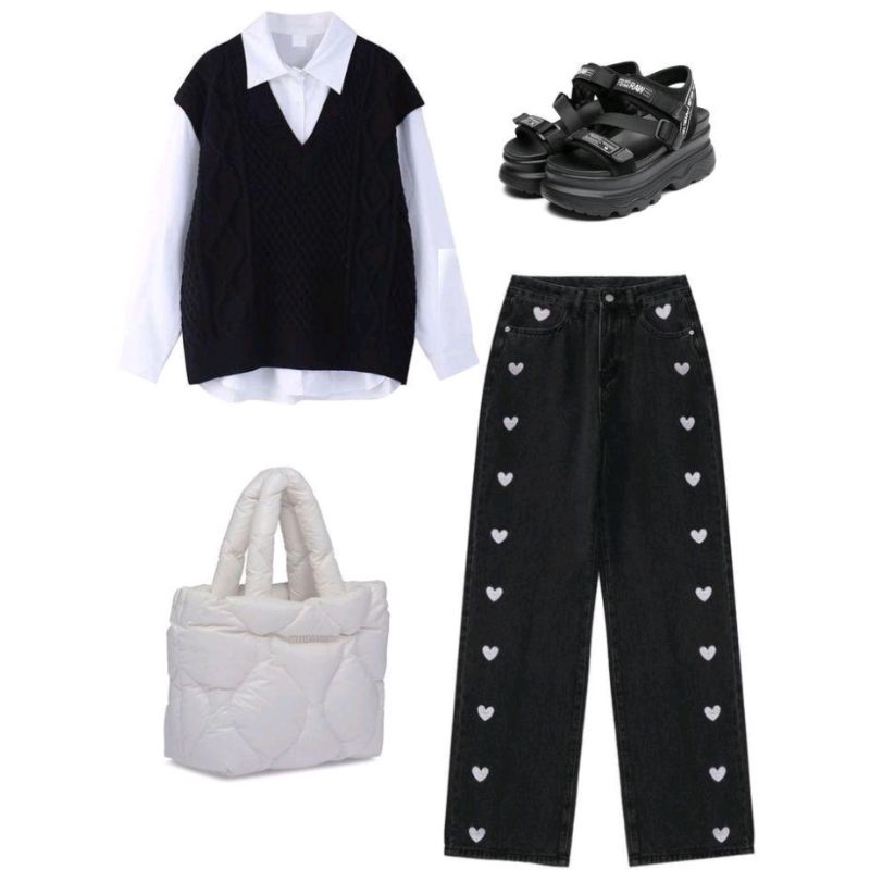 one set rompi kemeja dan jeans / ootd korean style wanita lengan panjang Polos Fit Hitam