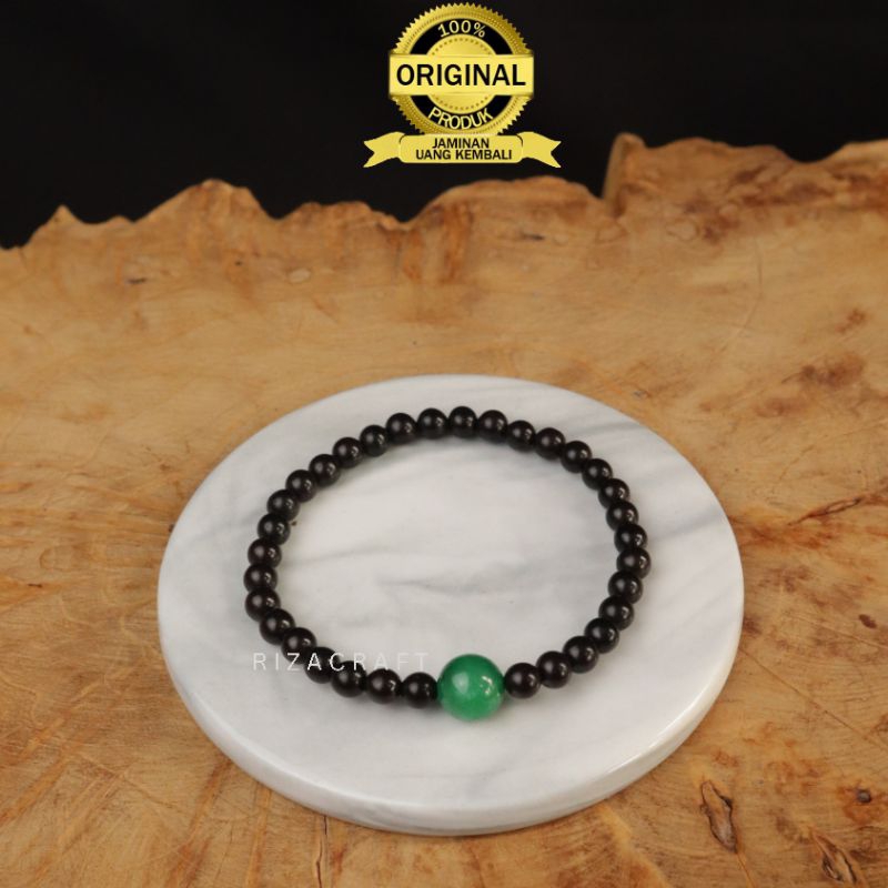 Gelang Tasbih 33 Butir Kayu Kokka Kokah Kaokah Kecil Hitam Skat Batu Giok Hijau Asli 100% Original M