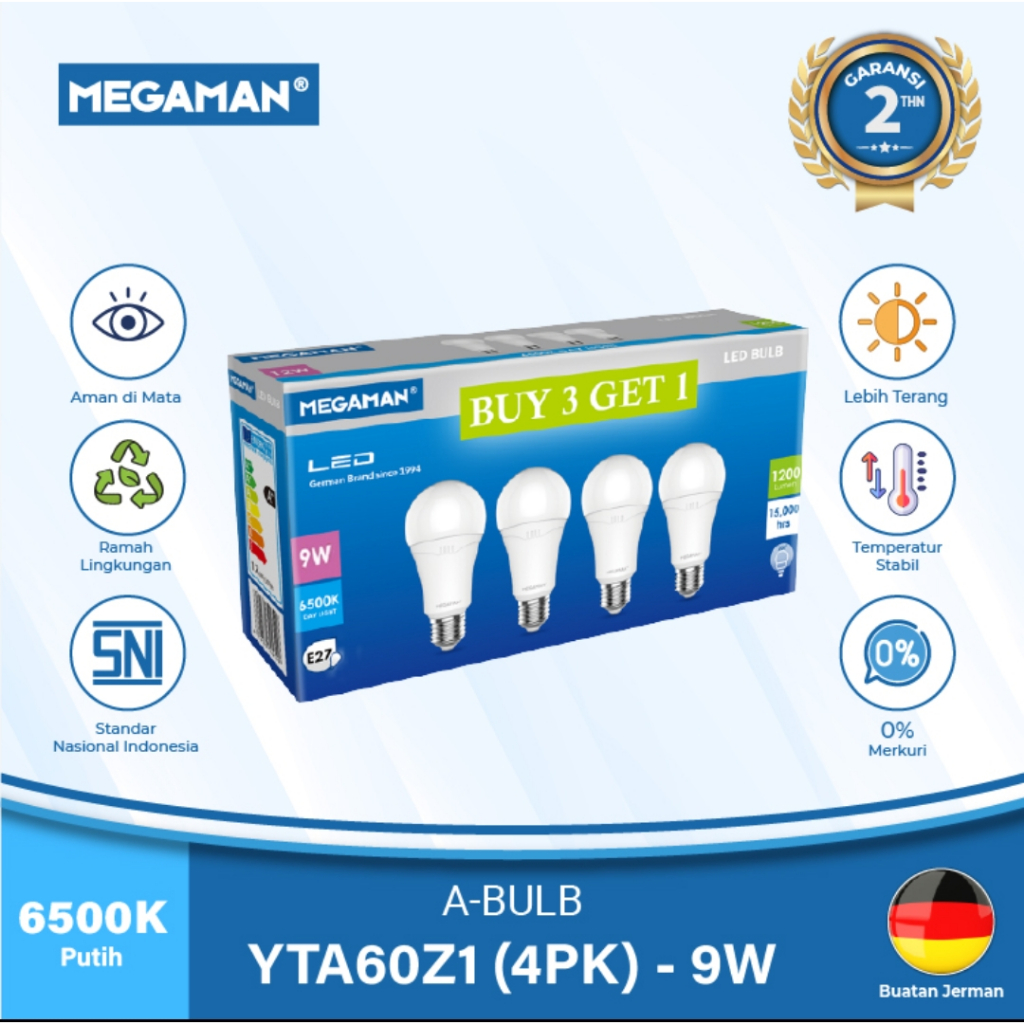 LAMPU MEGAMAN LED BULB 9W 9 WATT BELI 3 GRATIS 1 GARANSI RESMI 2 TAHUN