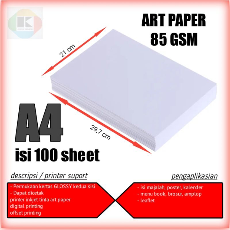 

art paper 85 GSM A4 100 lembar kertas art paper 85 GSM A4 tipis putih mengkilap glossy kedua sisi isi 100 lembar