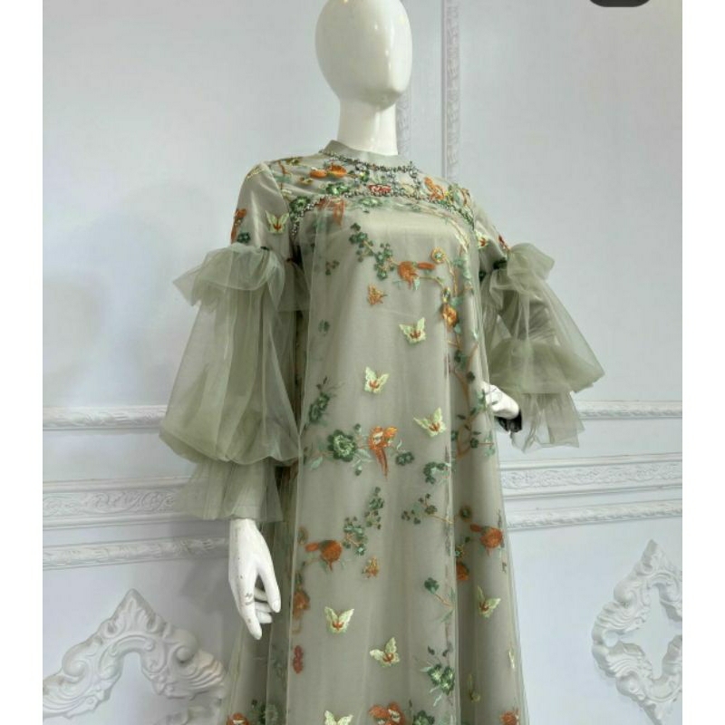 gamis pesta lebaran sarsahajar motif kupu kupu bird green sage busui