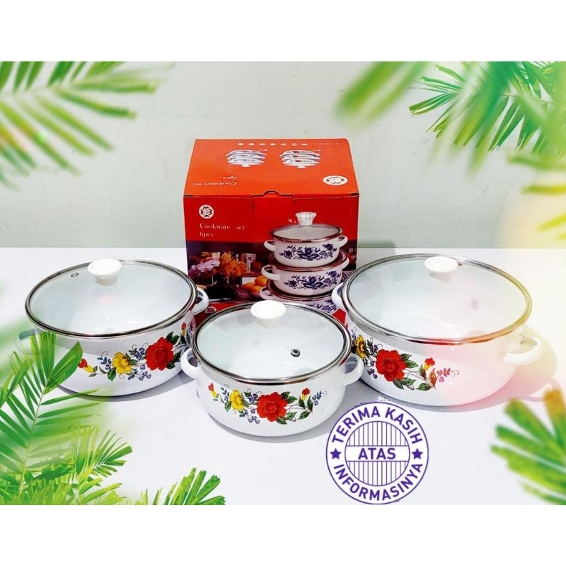 Panci reona 3set + tutup kaca / panci enamel reona 3set
