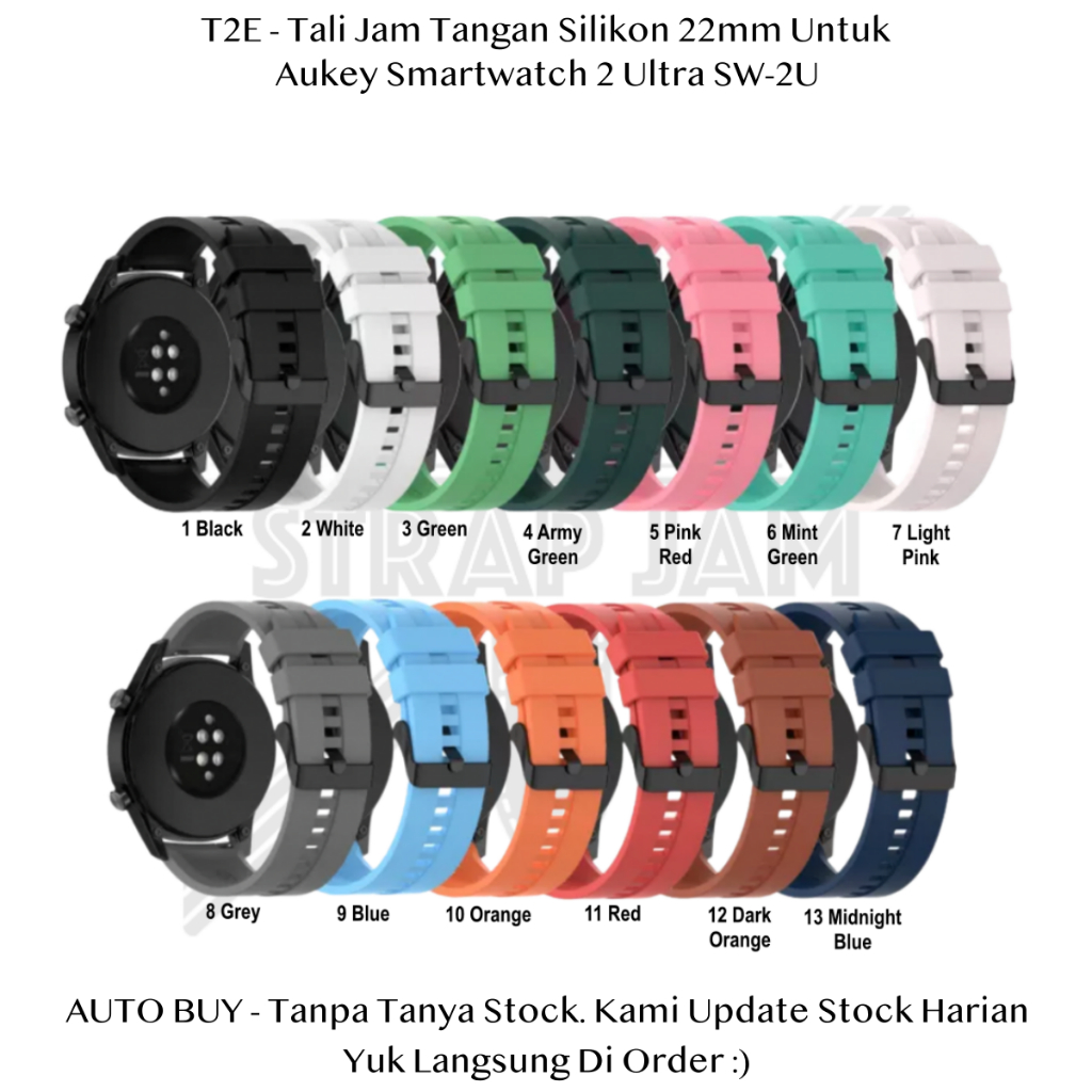 T2E 22mm Strap Aukey Smartwatch 2 Ultra SW-2U - Tali Jam Tangan Silikon Rubber Pria Wanita Buckle Hi