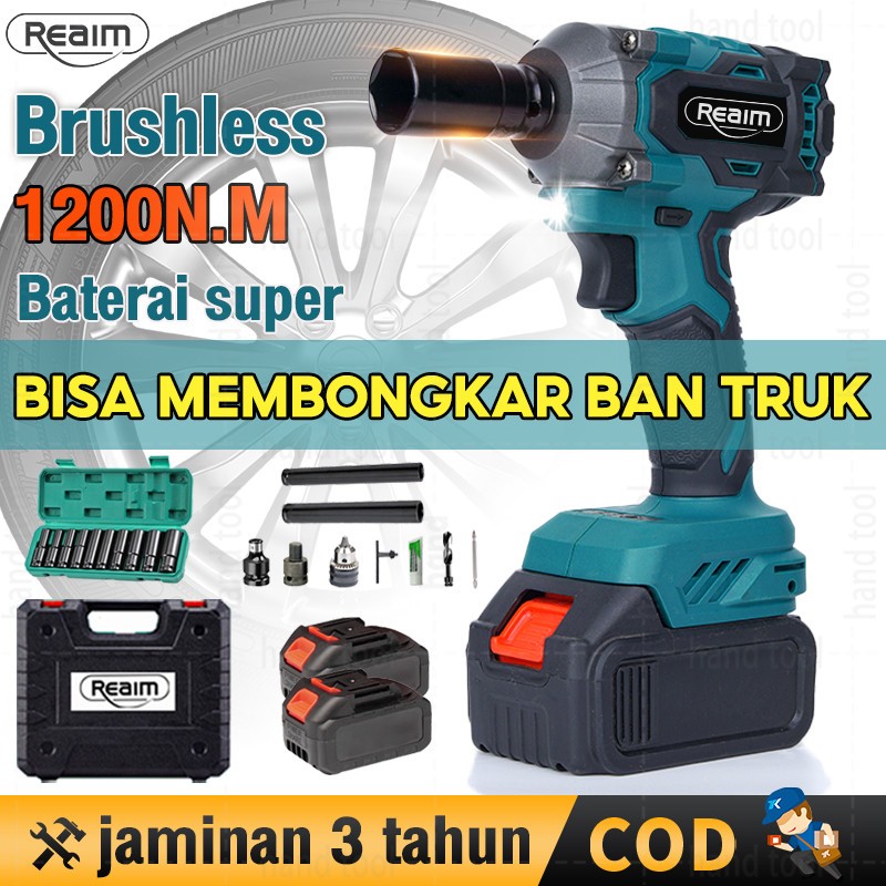 Reaim 1200N/M Cordless Impact Wrench Brushless 688V Mobil Impact Baterai Mesin Bor Untuk Baut Mobil