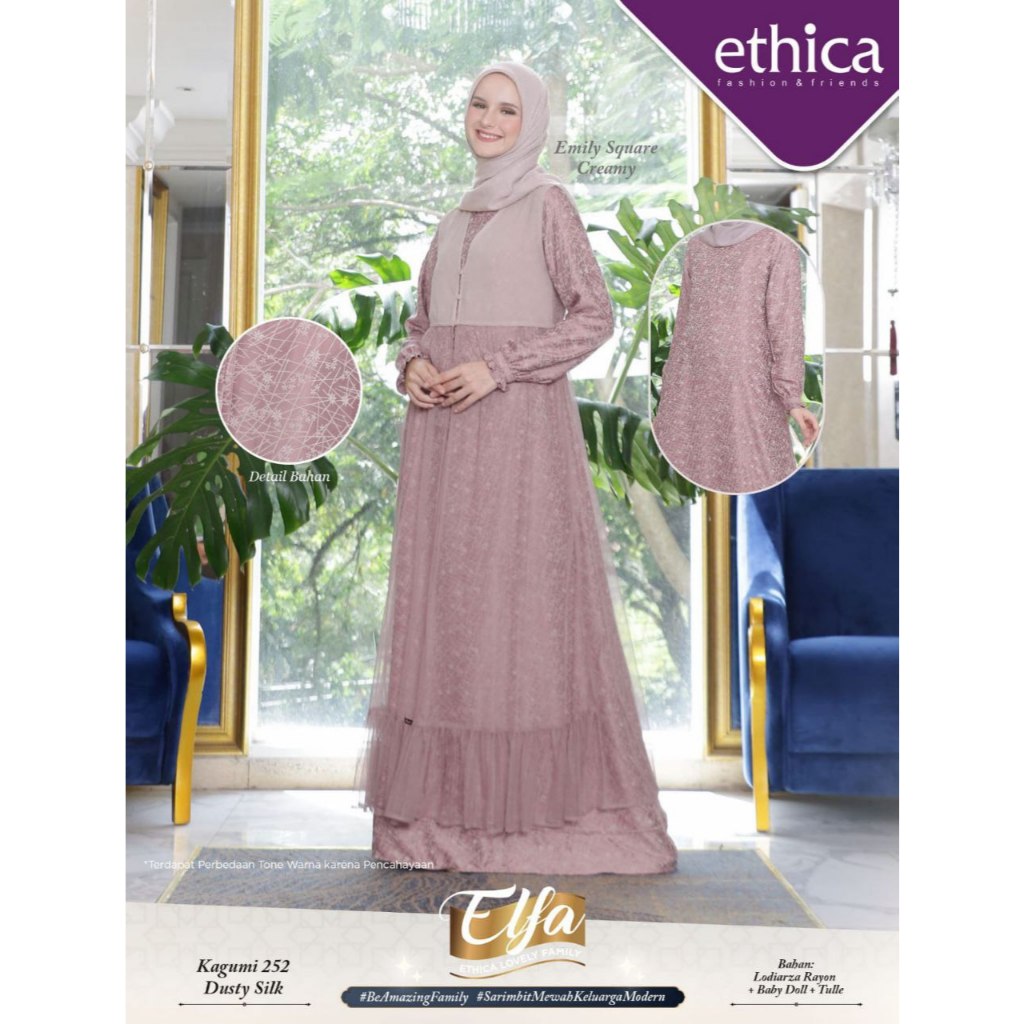 Gamis Ethica Kagumi 252 Dusty Silk, Set Inner Outer, Kondangan, Diskon 30%