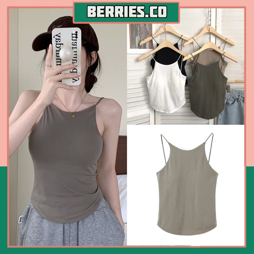 BRI*BJ1568 Baju Tanktop Polos Halus Tanpa Kawat With Cup Tali Leher Bh Singlet Wanita Atasan Sexy Co