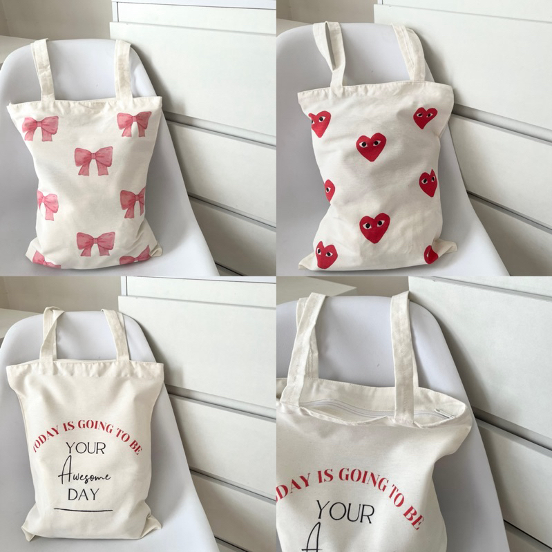 Tote Bag korean bow tote bag Ribbon tas wanita coquette cdg tote bag canvas aesthetic tas anak perem