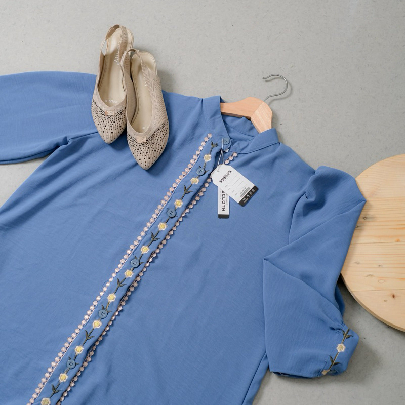 Womscloth - Midi Dress Crinkle Bordir - Dress Lebaran Busui Kancing Lengan Panjang - Gamis Wanita Muslim Terbaru-Denim