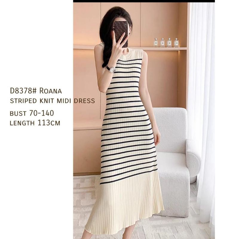 D8378 Baju mididress ROANA STRIPED RAJUT KNIT SALUR tanpa lengan lekbong midi dress salur bodycon dr