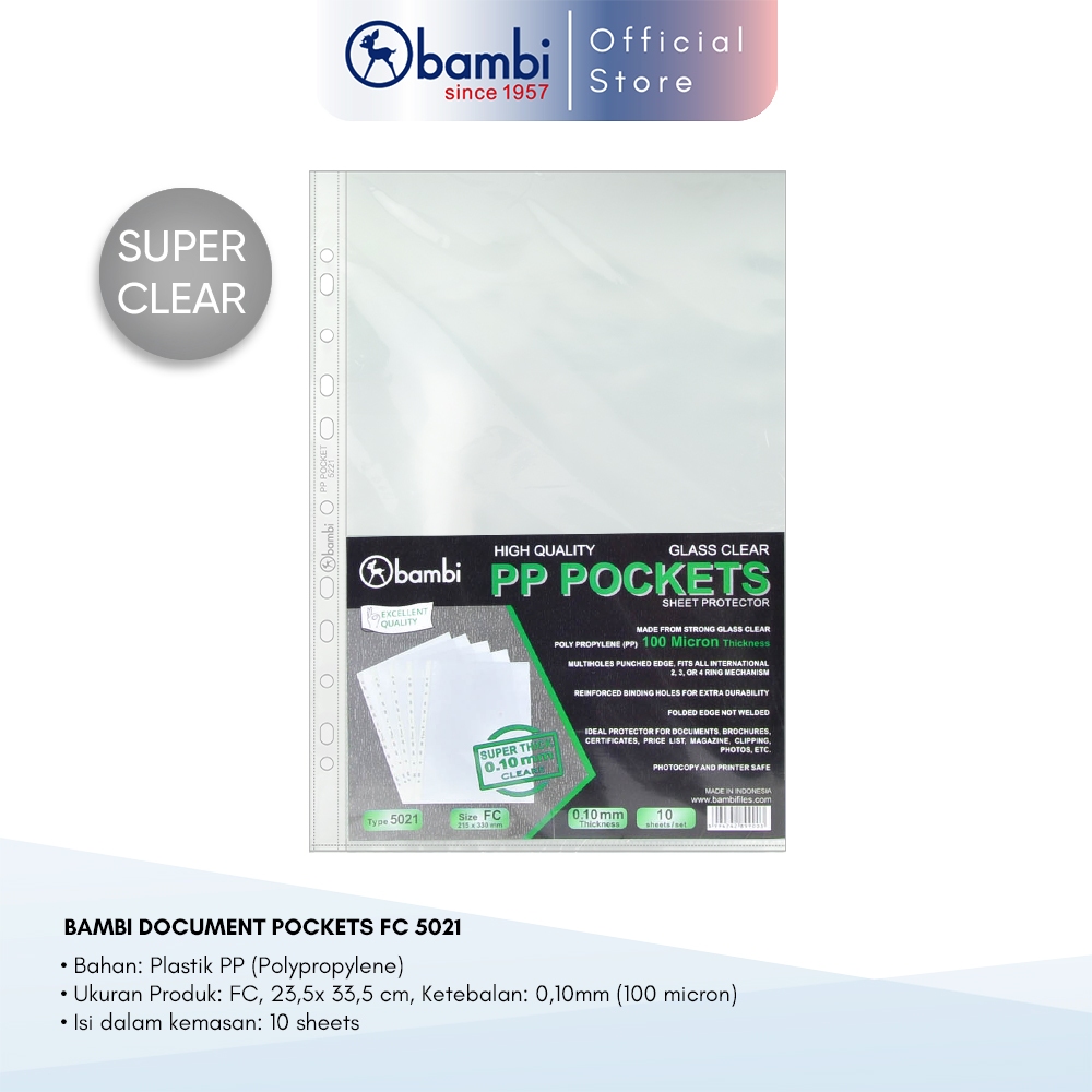 

Bambi Document Pocket Folio Isi 10 Lembar Ketebalan 0.10 mic Tipe Transparant Sleeve Original