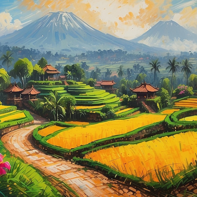 Lukisan Pemandangan Terasering Sawah di Bali yang Indah